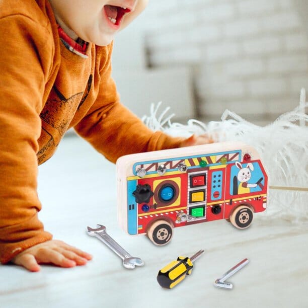 Tableau Montessori - BusyBoardCircuit™ - Autobus scolaire - Douceur d'Ange