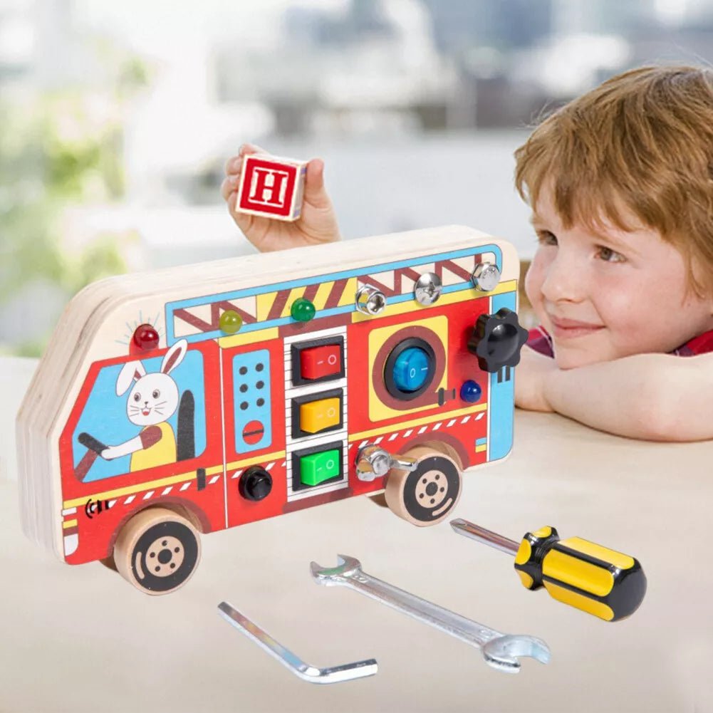Tableau Montessori - BusyBoardCircuit™ - Autobus scolaire - Douceur d'Ange